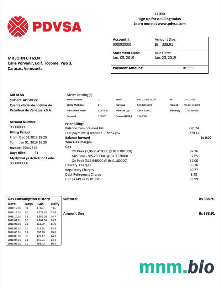 Szablon rachunku za gaz w Wenezueli PDVSA w formacie Word i PDF